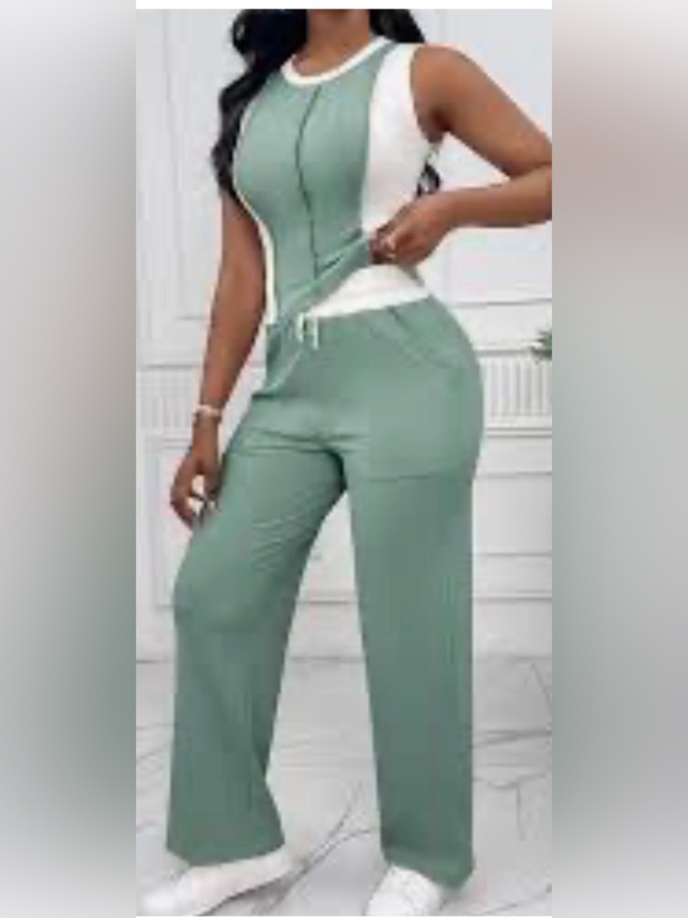 Chicme women’s mint green and white two-piece lounge set Large NWOT